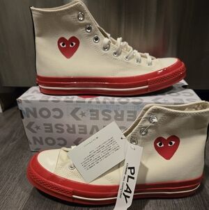 Converse x PLAY Canvas High-Top Kids Sneakers in Cream with Red